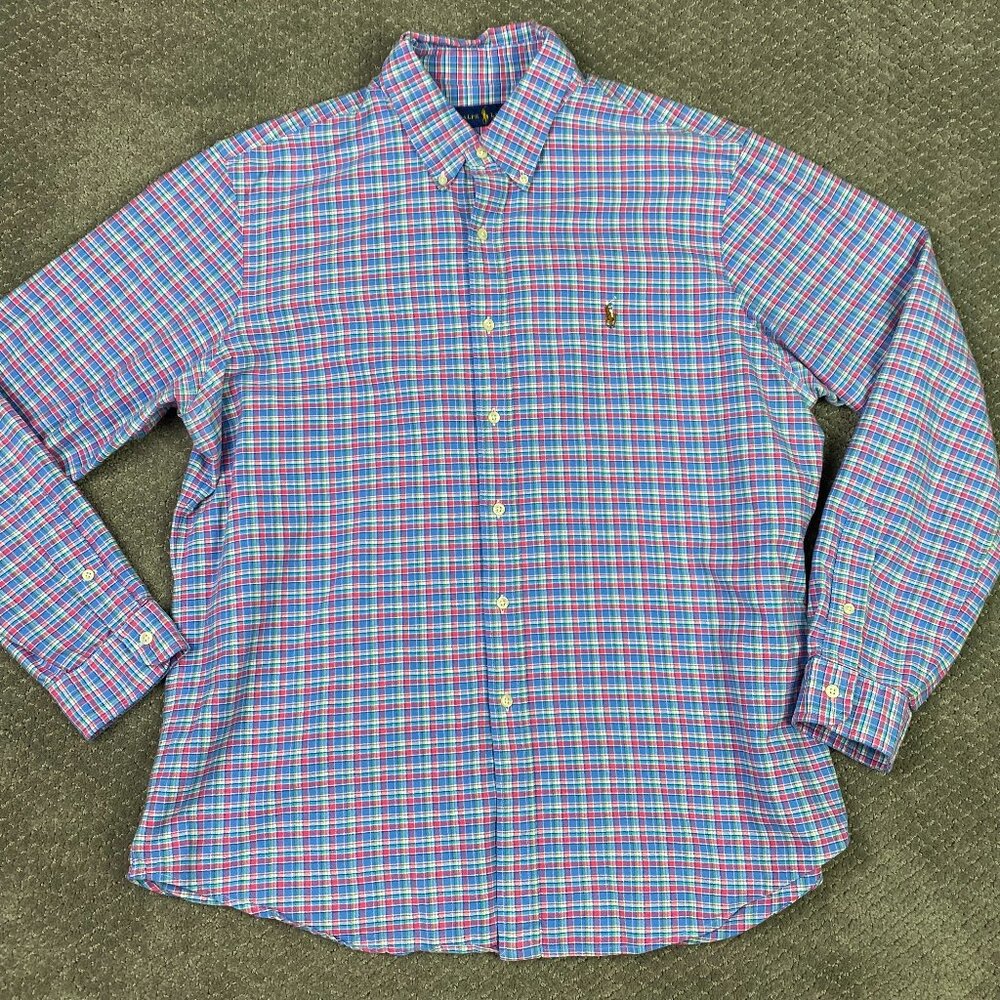 Ralph Lauren Button Down Shirt Men's XL Blue Pink Green Flesh Pony Cotton Plaid